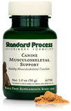 A bottle of Canine Musculoskeletal Support, a powder supplement for dogs’ muscles, ligaments and bone health, next to an image of the powder supplement.