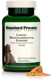 A bottle of Canine Musculoskeletal Support, a powder supplement for dogs’ muscles, ligaments and bone health, next to an image of the powder supplement.